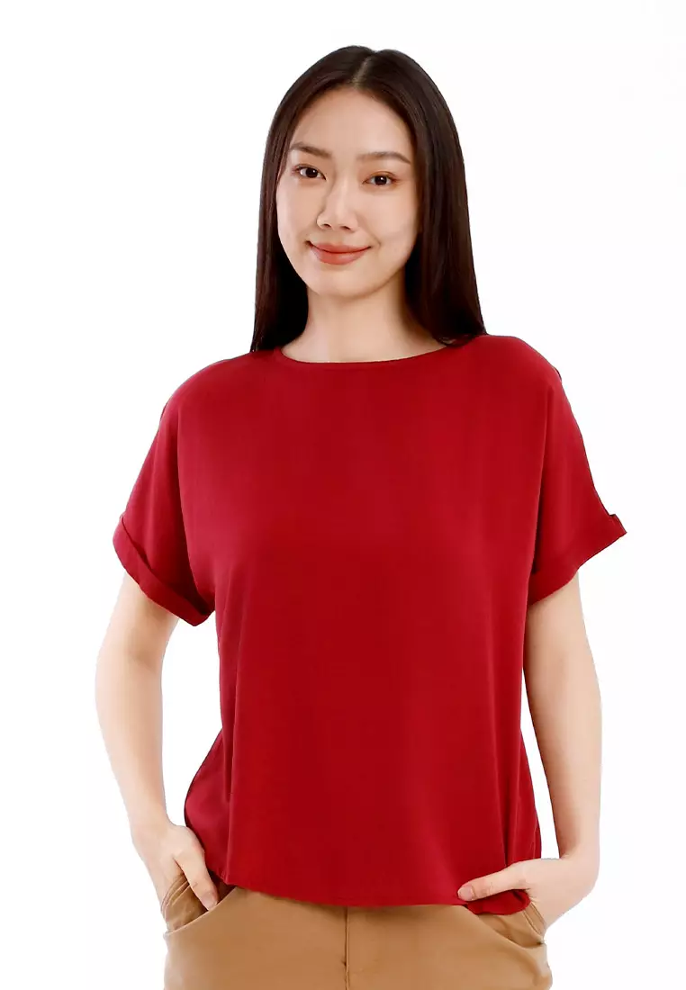 Forest Ladies Rayon Lyocell Casual Plain Blouse Women Short Sleeve Blouse - 822416-56Maroon
