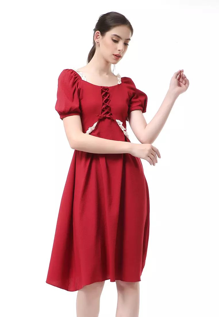 Rachel Slim Dress Wanita Model A-line Lengan Pendek Material Cotton ORIGINAL - Red