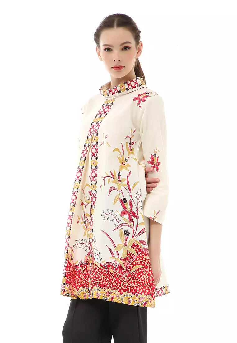 Olaf Atasan Batik Wanita Tunik Traditional Motive Elegant Design Material Cotton ORIGINAL - White Red