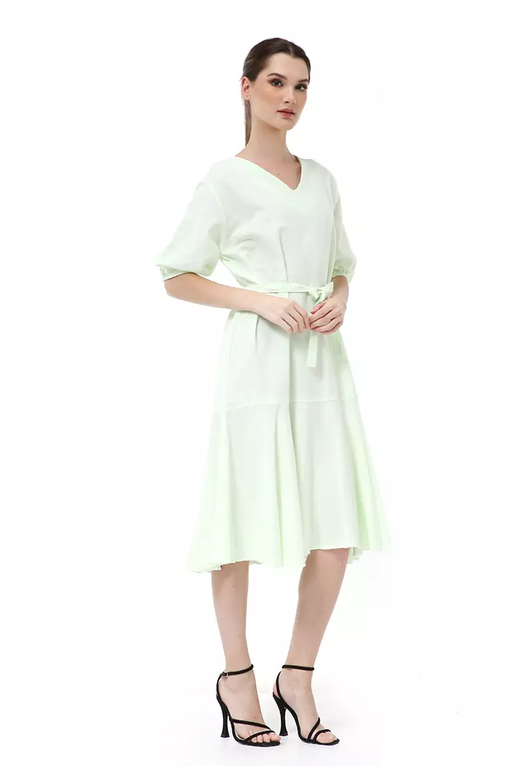 Rachel Midi Dress Ruffle Wanita with Strap Lengan Pendek Material Linen ORIGINAL - Soft Green
