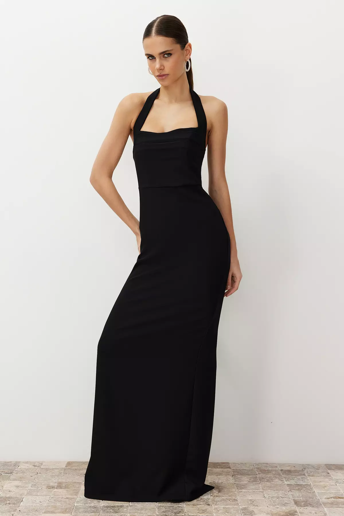 Black Bodycon Cowl Neck Woven Long Elegant Evening Dress