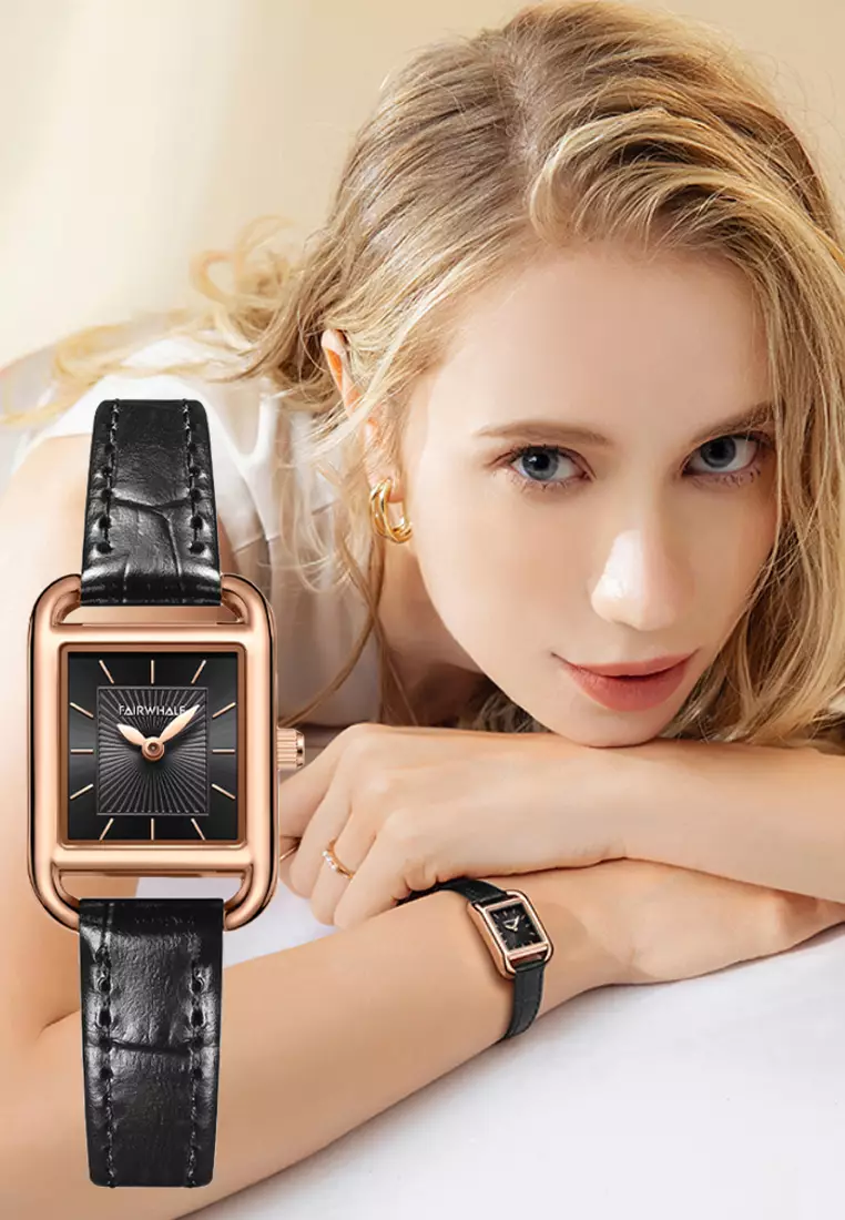 Ladies IP Rose Gold Color Stainless Steel Quartz Watch, 22mm, Black Dial, Black Leather Strap