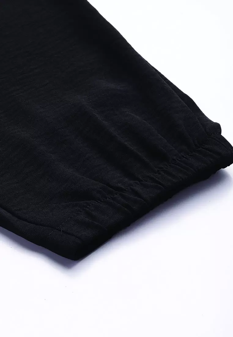 Celana Serut Kargo Bertingkat Tinggi Hitam