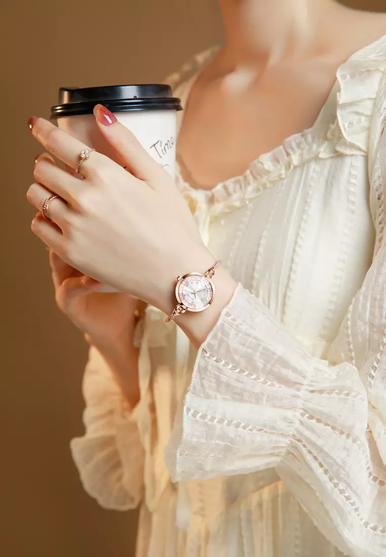 Jam Tangan Wanita Anti Air Gelang Gaya Berlian Tali Merenggang Jam Tangan Cewek Original rose white