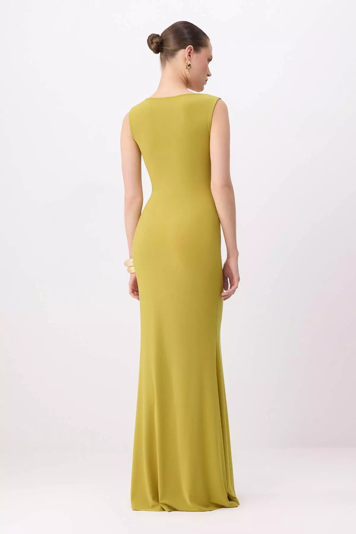 Oil Green Plain Straight Cut Accessory Detail Knitted Sandy Maxi Evening Dress & Graduation Dress