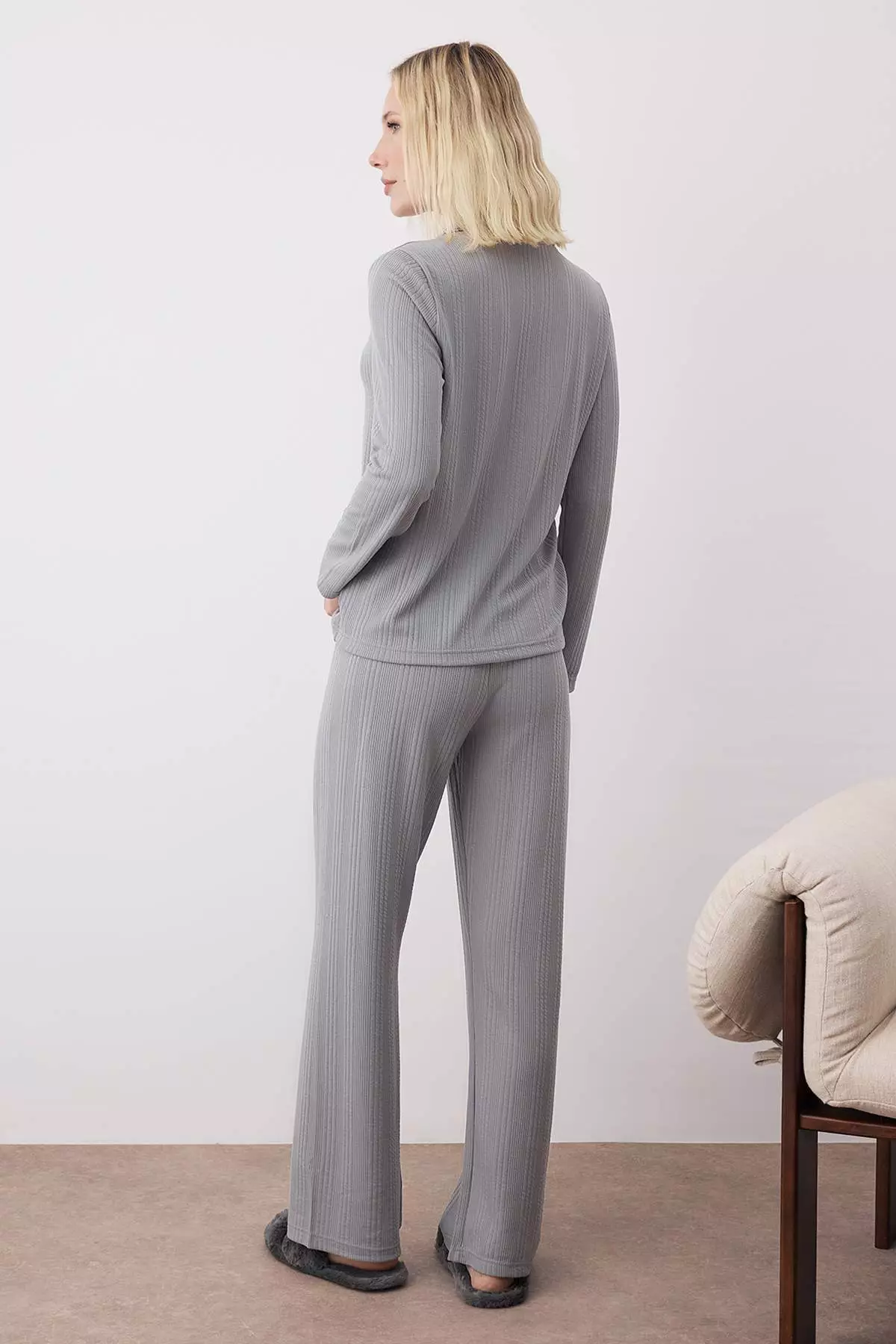 Smoke Textured Ribbed Soft Touch Winter Knitted Pajama Set