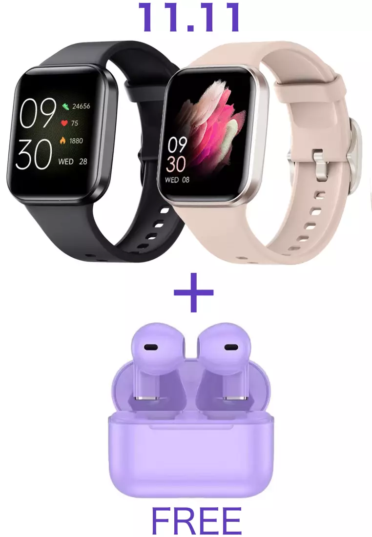 Value Deal : His and Hers - 2 IOS/Android IP Black & Pink Smart Watches with Rubber Strap + FREE 5s PRO MINI TWS Earphone - Purple