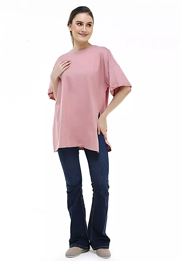 Fintan Tshirt Super Comfy Short Sleeve Design Simple And Casual Look Atasan Wanita - Pink