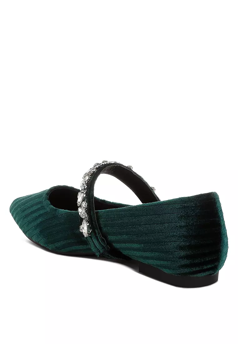 Diamante Brooch Velvet Ballerinas in Green