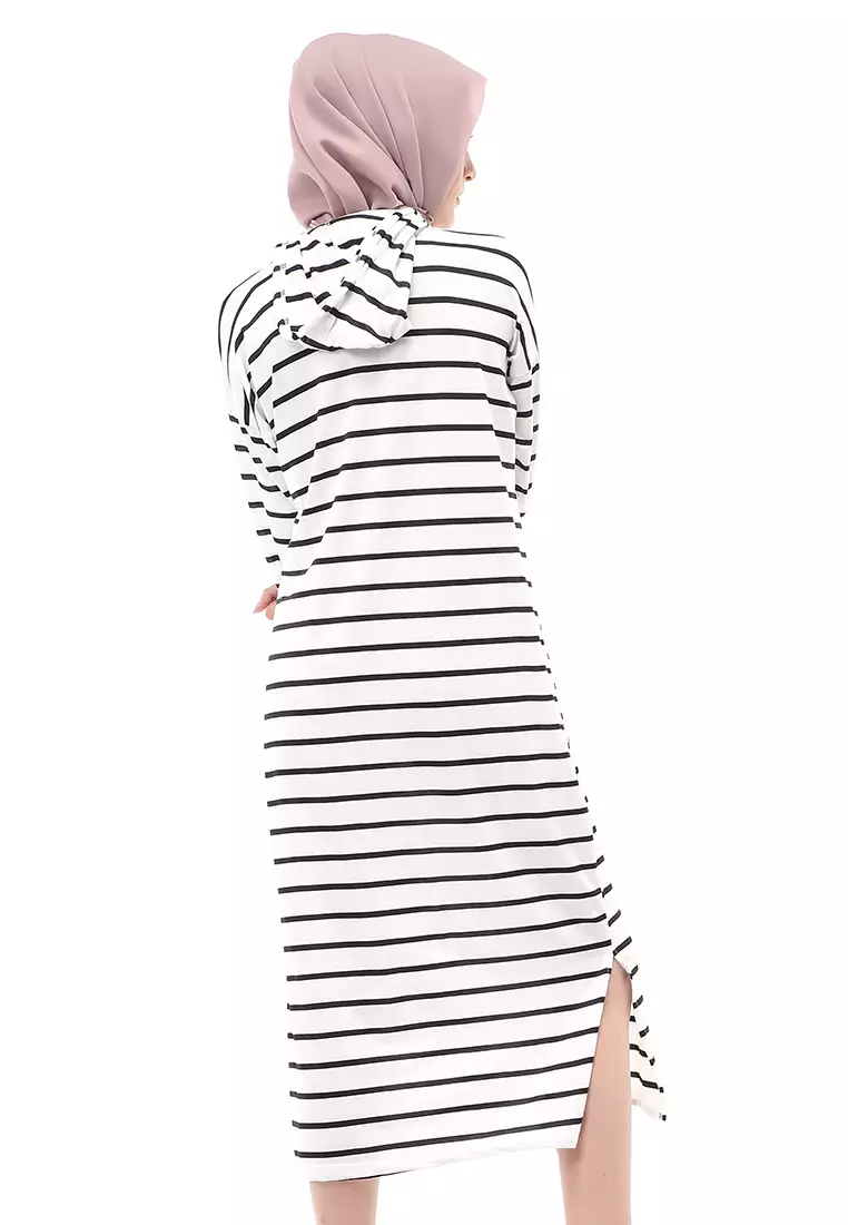 Mega Tunik Motif Stripe Atasan Wanita Long Sleeve Regular Fit - Putih B