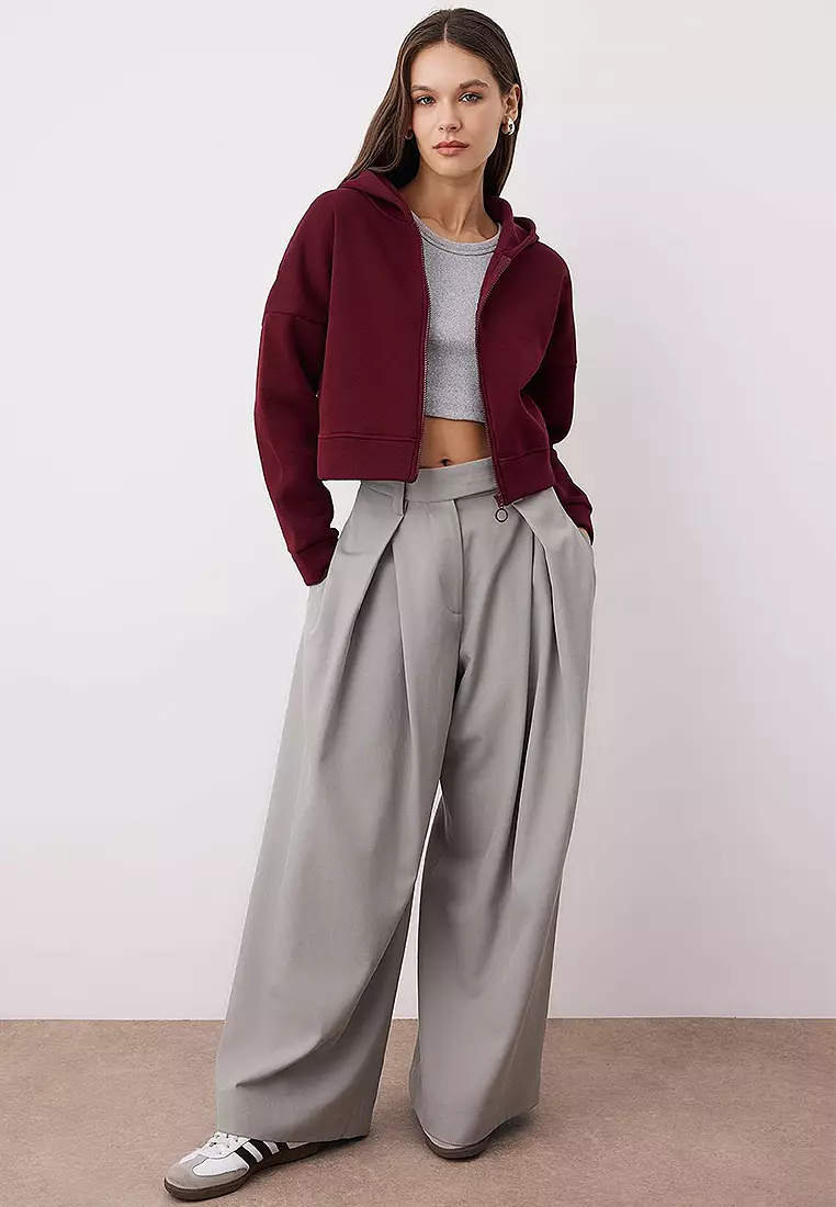 Zippered Hooded Casual Cut Crop Thick Fleece Knitted Sweatshirt