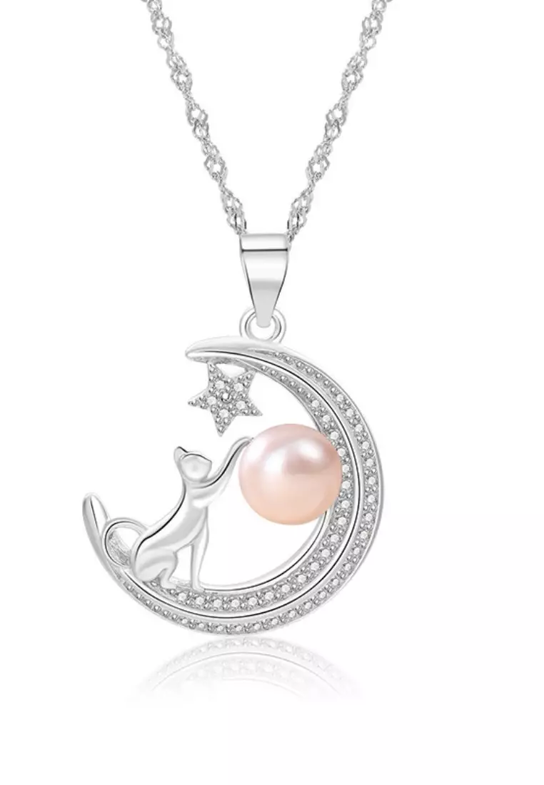 Collana con perle d'acqua dolce WPJ1003 Gatto sotto la luna_voghion.com