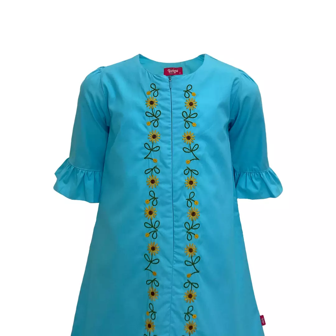 Pingu Long Dress Anak Perempuan Bordir Flower Biru 91001834E