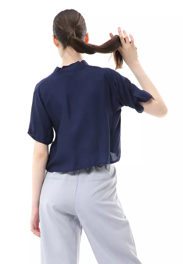 Melinda Kemeja Crop Top Atasan Wanita Motif Polos Relaxed Fit - Navy