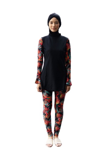 PINK N' PROPER black Modernly Modest Bunga Tropical Muslimah Bell Sleeve Swimwear Set in Black / Red C9B4BUS4146A6AGS_1