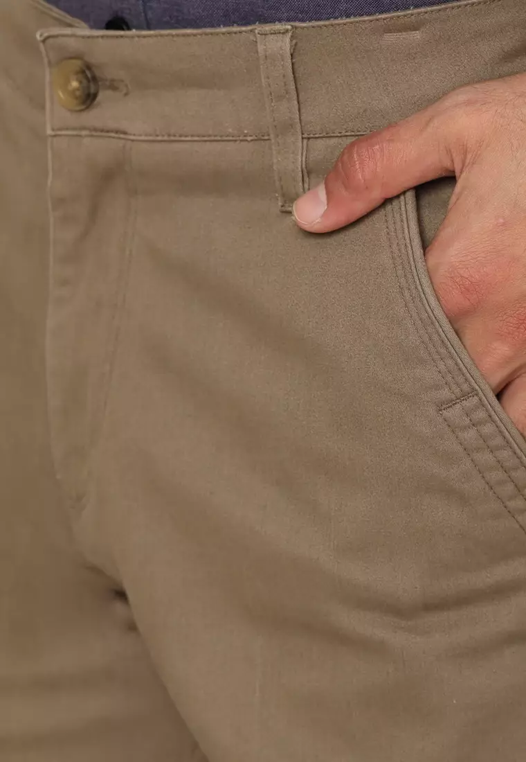 POLICE Celana Chino Panjang Brown Cotton Premium Stretch Regular Fit Pria