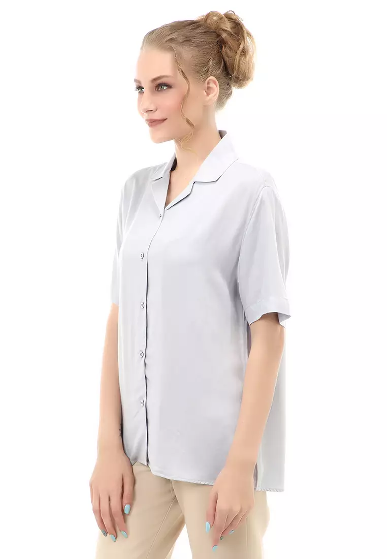 Holly Shirt Kemeja Basic Atasan Kasual Wanita Lengan Pendek Material Rayon ORIGINAL - Blue
