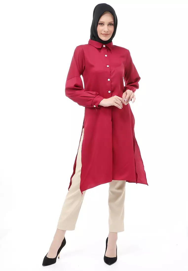 Vania Tunik Polos Muslimah Atasan Wanita Long Sleeve Regular Fit - Maroon