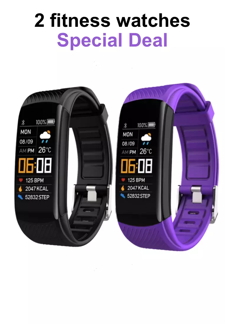 2 Unisex IOS/Android IP Black Waterproof Fitness SmartWatches, Heart Rate Monitoring, Weather, Clock - One all black / One Black and Deep Purple