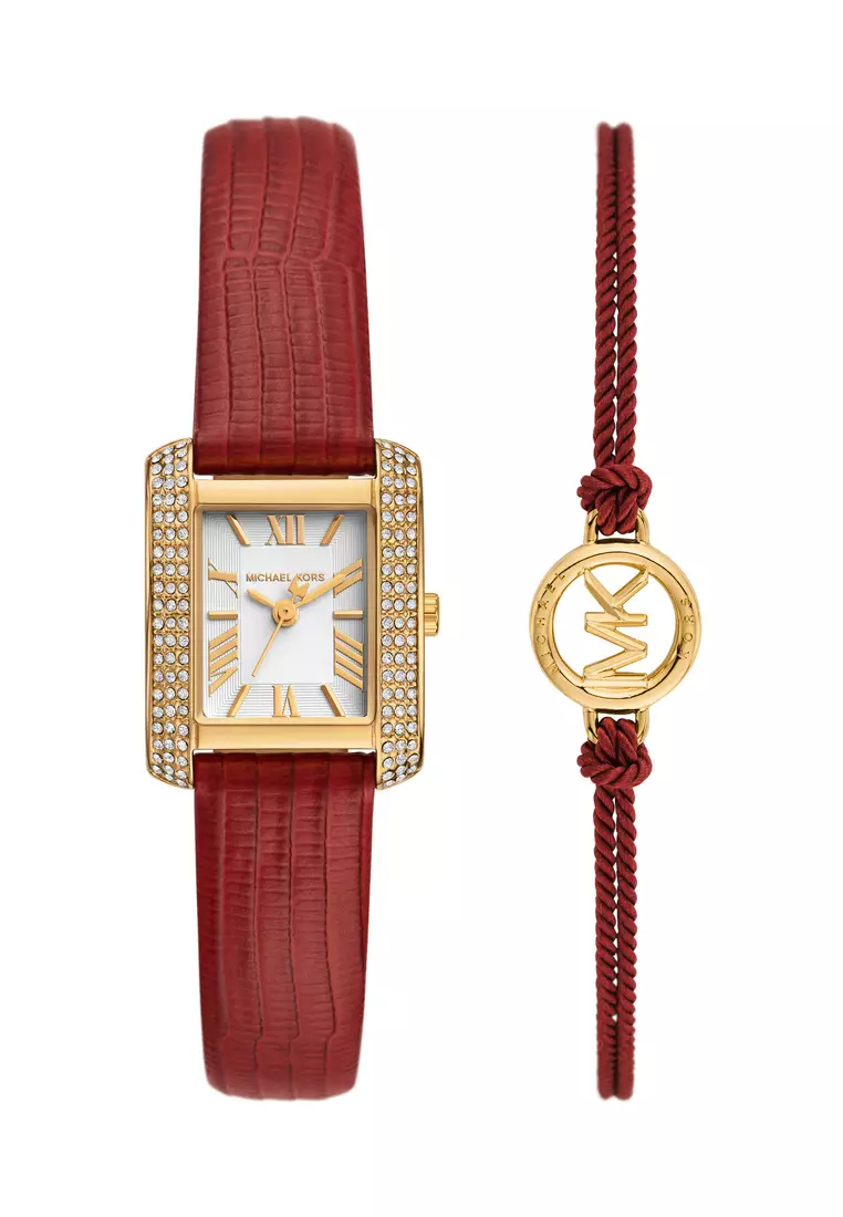 Michael Kors Women's Emery Analog Watch MK4874SET Quartz, Gold Case,  Rectangular Dial, 14 MM Red Leather Band