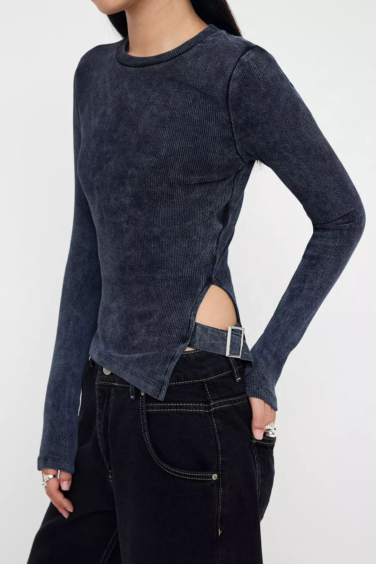 Anthracite Antique/Faded Effect Fitted/Body-Fits Accessory Detailed Flexible Knitted Blouse Twoaw26Bz00111