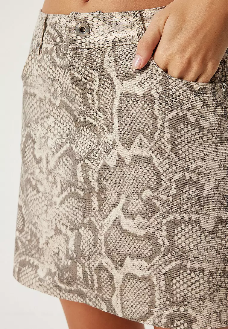 Python Patterned Mini Denim Skirt