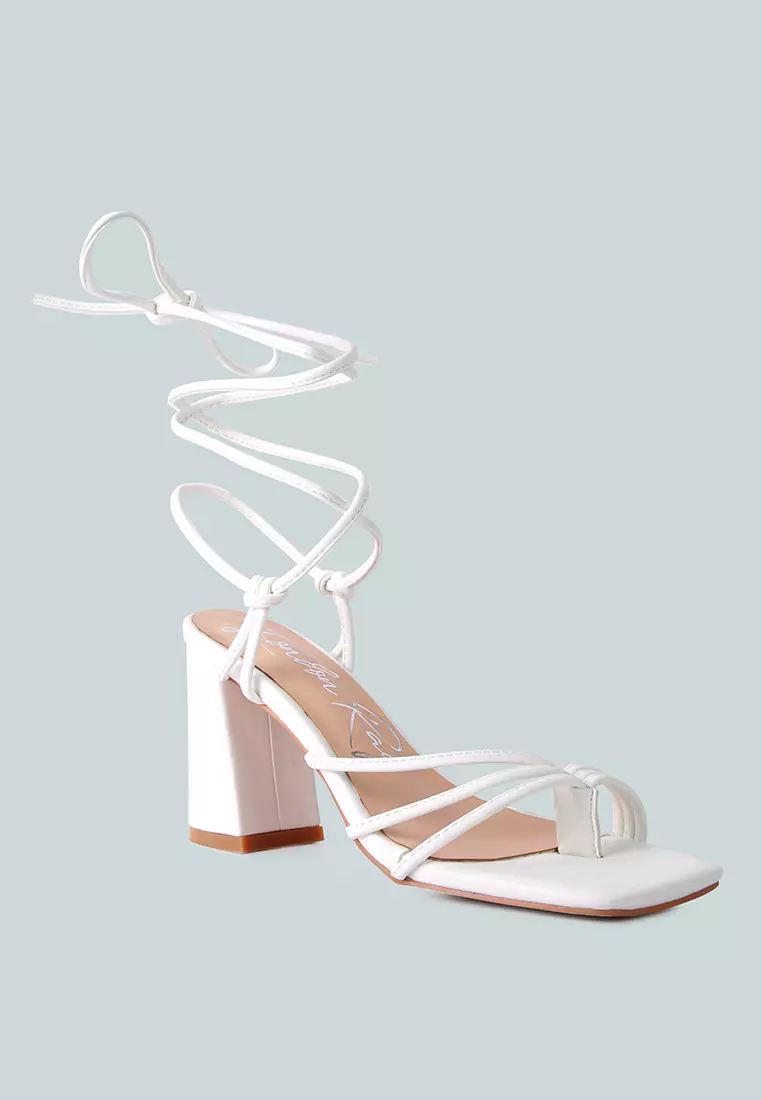 White Toe Ring Tie Up Block Sandals