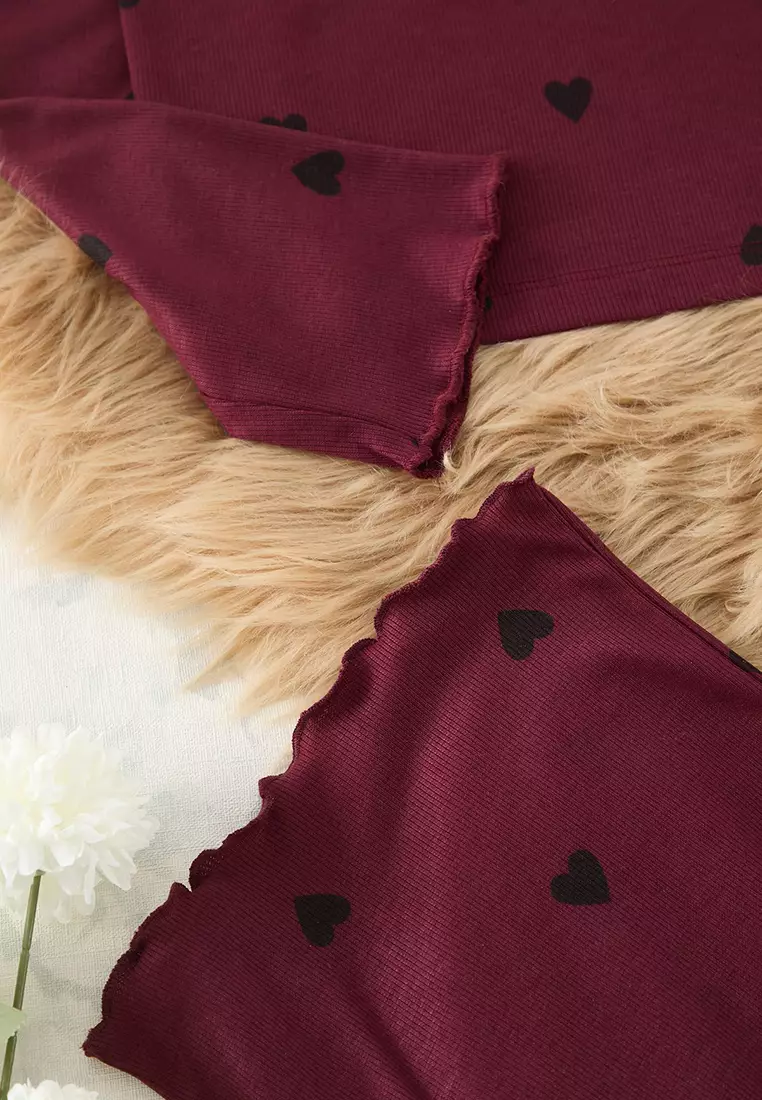 Burgundy Heart Slogan Printed Elastic Knitted Pajama Set THMAW25PT00045