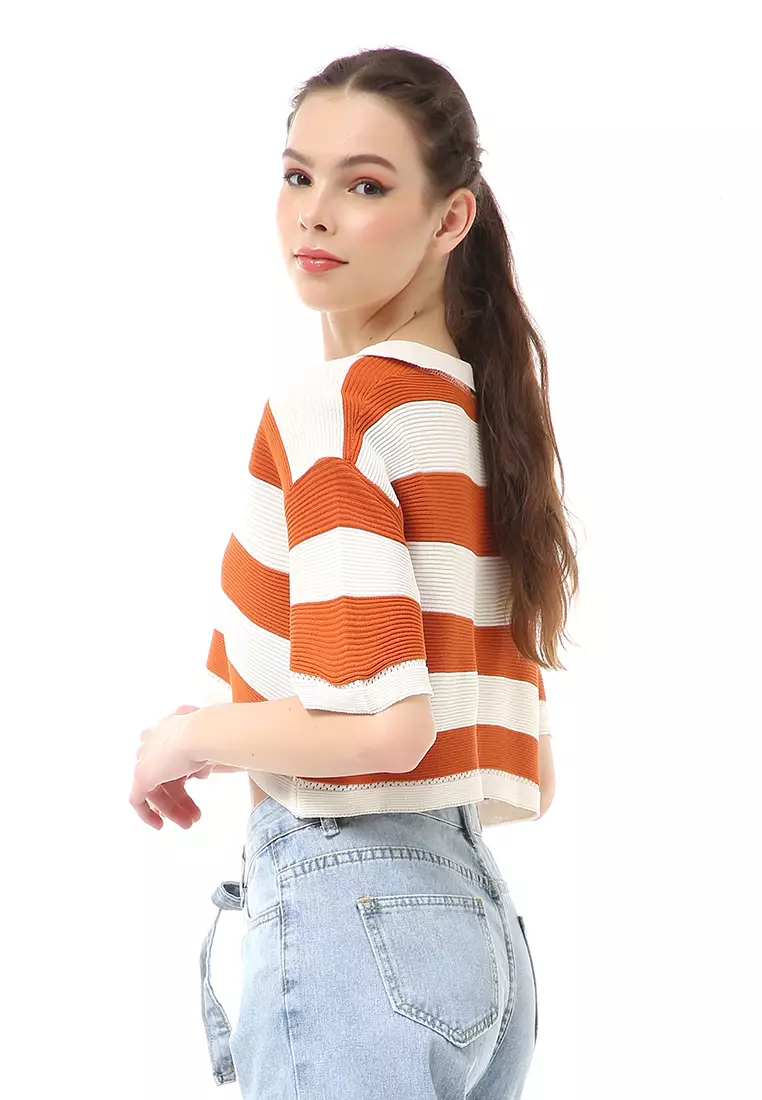 Albertine Atasan Crop Wanita Lengan Pendek Motif Salur Material Rajut ORIGINAL - Bata