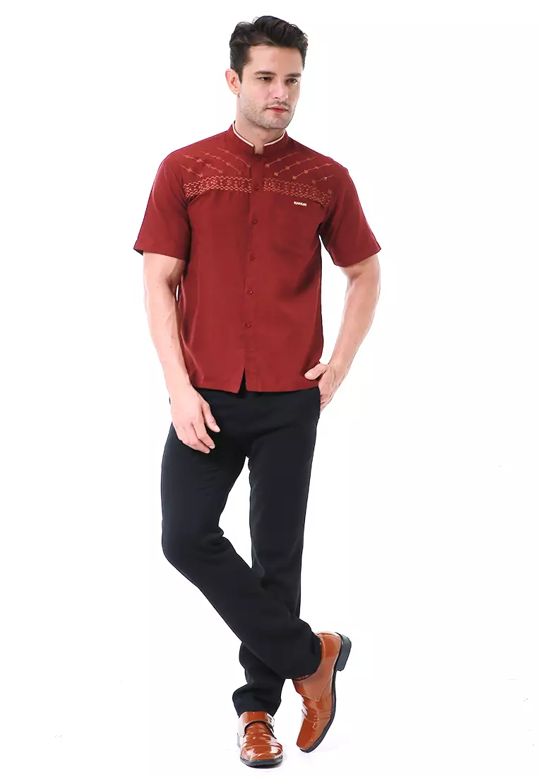 Leopold Kemeja Koko Pria Lengan Pendek Motif Bordir Material Cotton ORIGINAL - Maroon