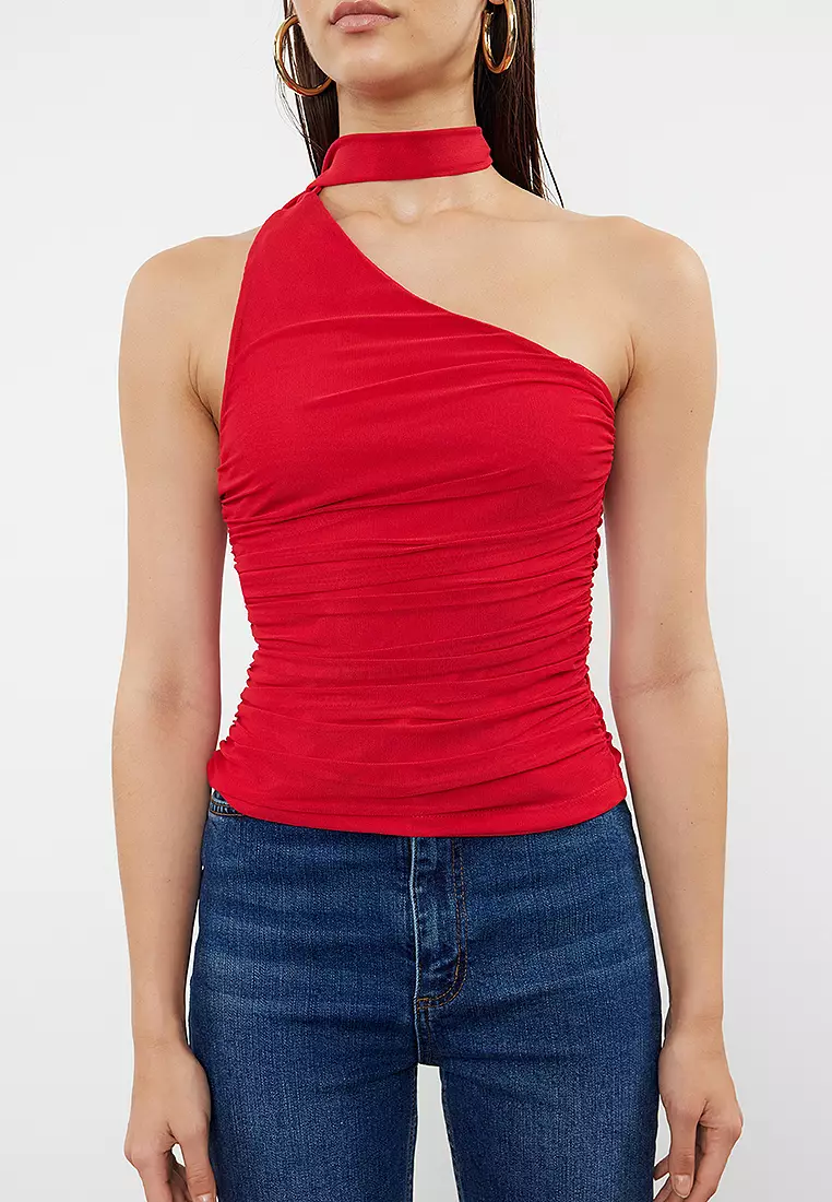 Red Halter Neck Gathered Lined Stretchy Knitted Blouse