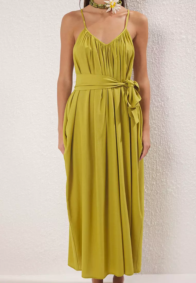 Dark Oil Green Maxi Woven Belted Beach Dress TBESS25EL00086