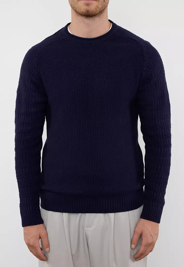 Navy Blue Slim Fit Crew Neck Textured Knitwear Sweater TMNAW22KZ0380