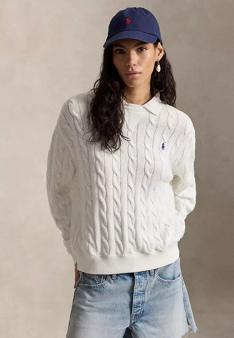 Polo Ralph Lauren Women Cable-Knit Cotton Polo-Collar Sweater