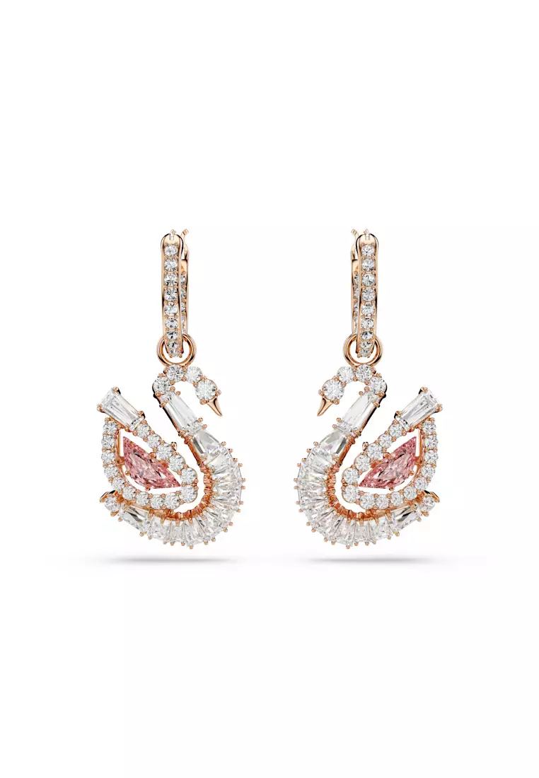 Swan drop earrings, Pavé, Swan, Pink