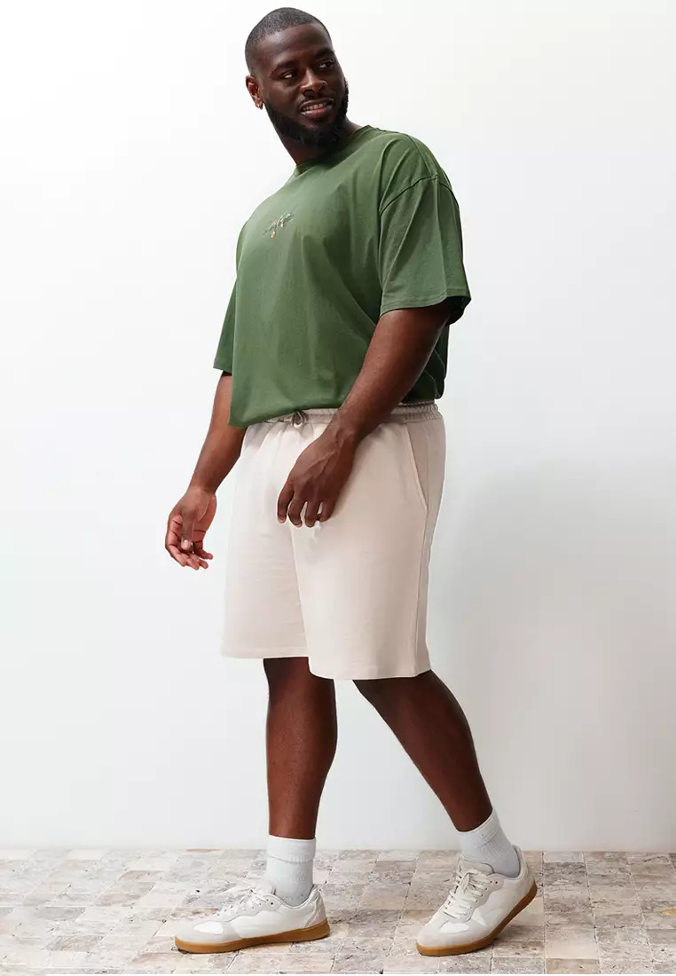 Large Size Stone Regular Cut Comfortable 100% Cotton Basic Shorts TMNSS24AP00001