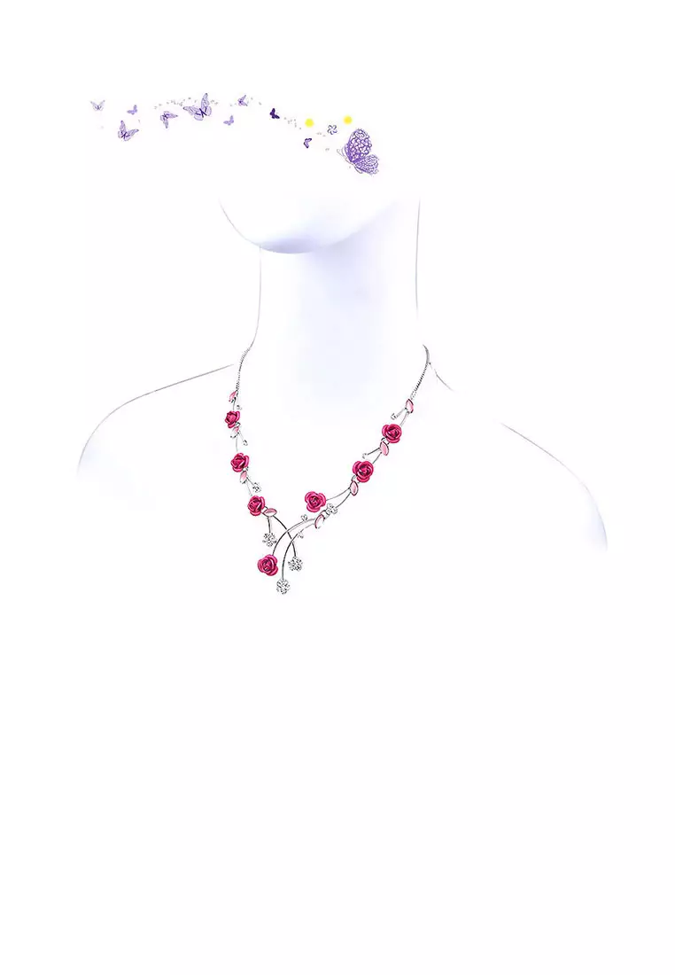 Elegant Rose Necklace with Silver Austrian Element Crystals and Crystal Glass