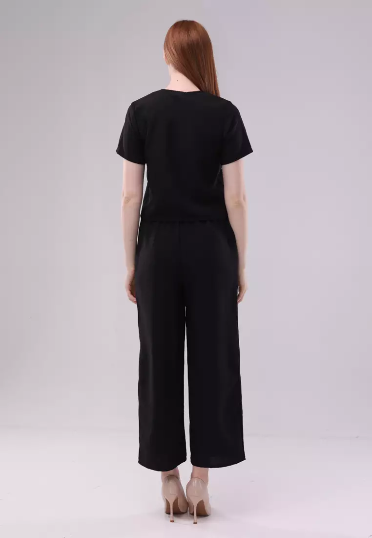 Plain Soft Wrinkled Woven Short Sleeves Terno Pants