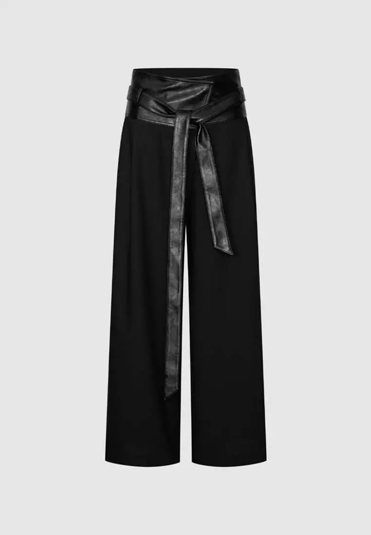 Wool Blend Wide Leg Pants with Faux Leather Waist Contrast