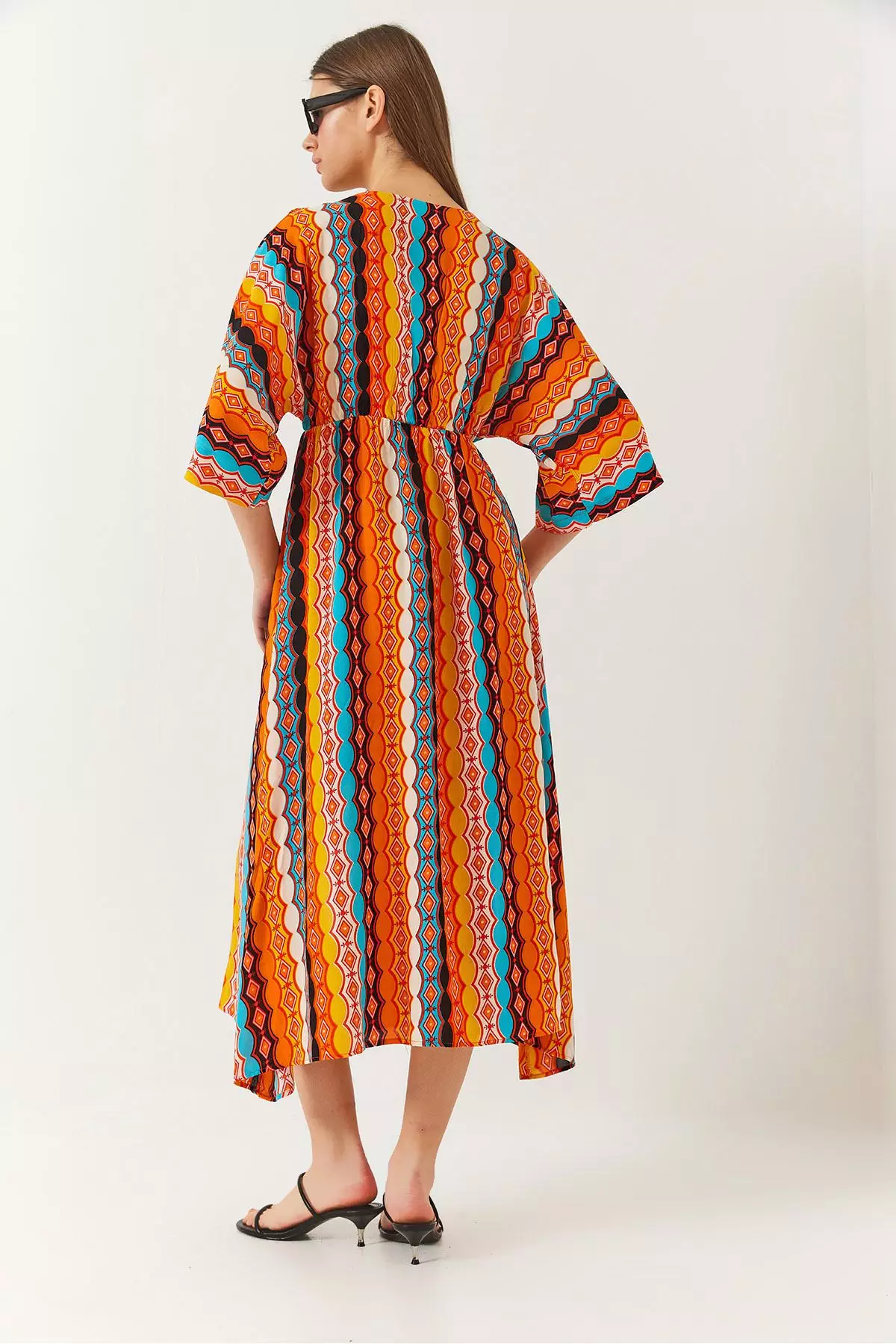 Women's Double Breasted V Neck Front Slit Detail Print Dress 60261411