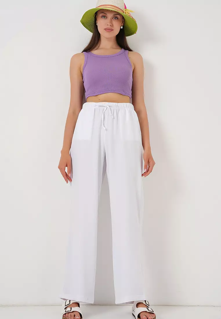 Women's Wide Leg Linen Trousers 6735 - White