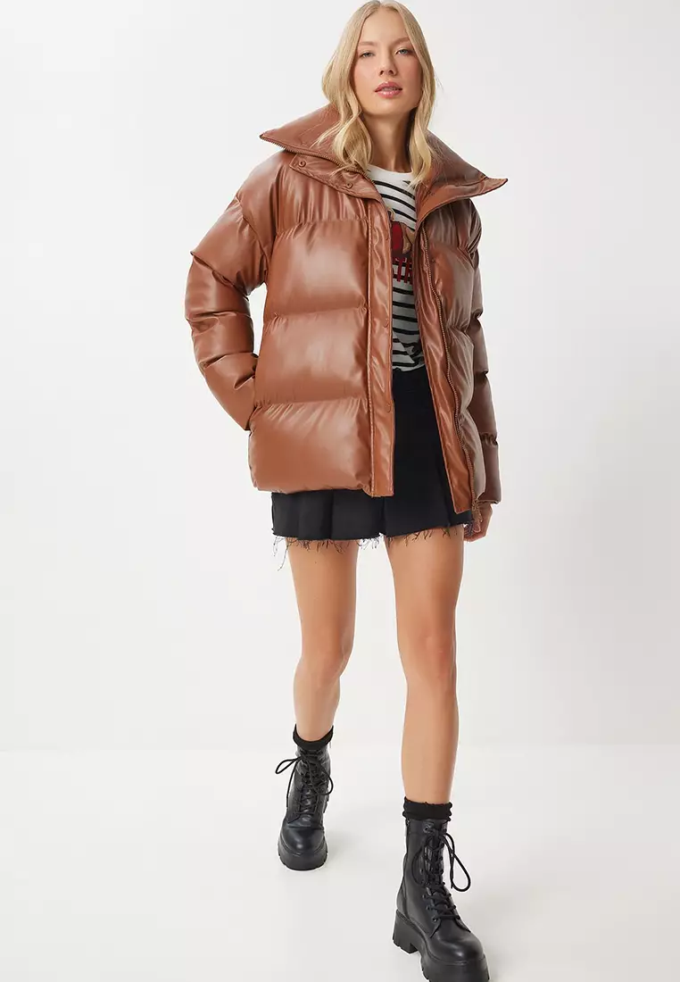 Stand Collar Faux Leather Puffer Coat