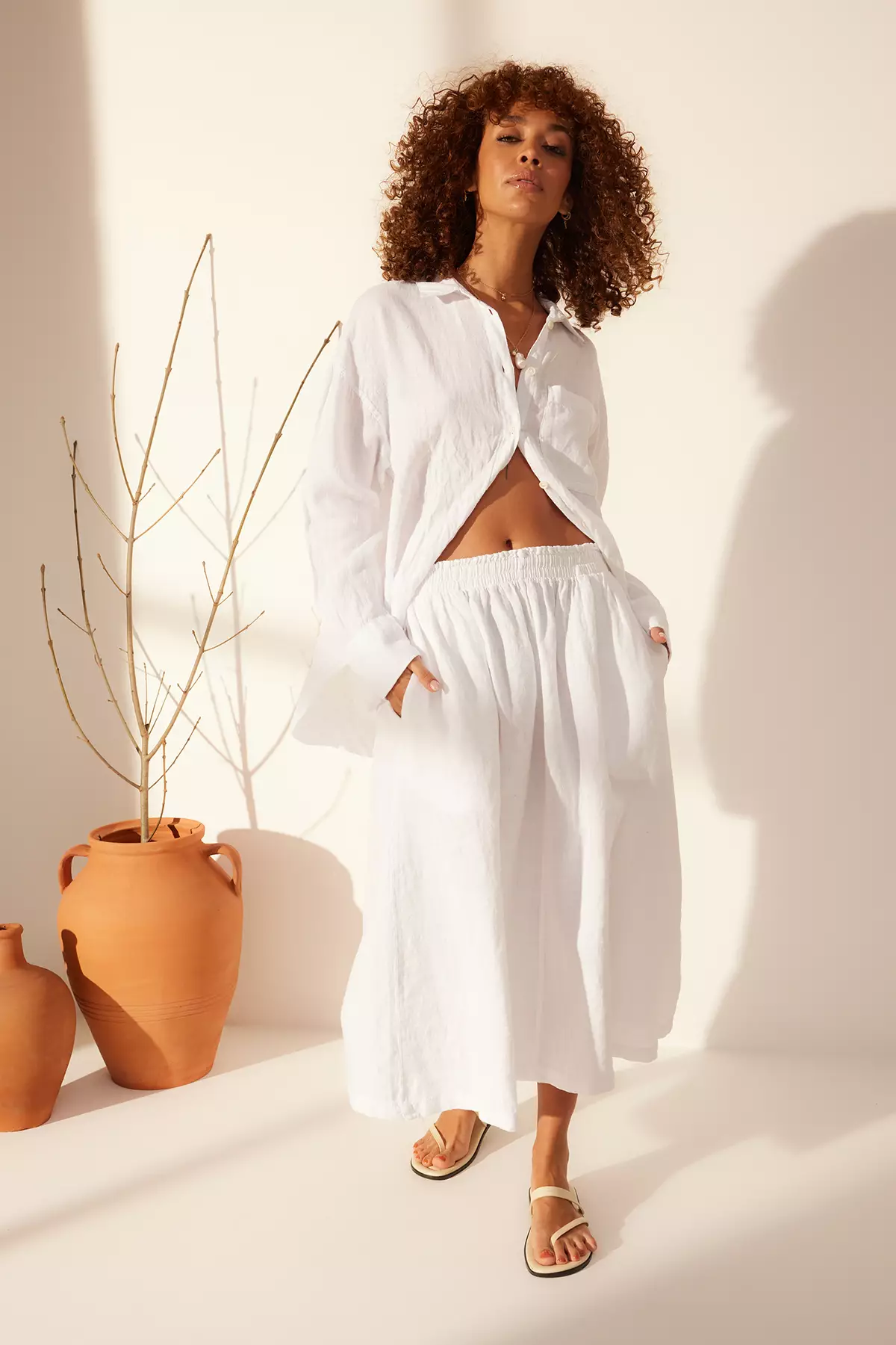 White 1% Linen Elastic Waist Midi Skirt Skirt Twoss26Et43