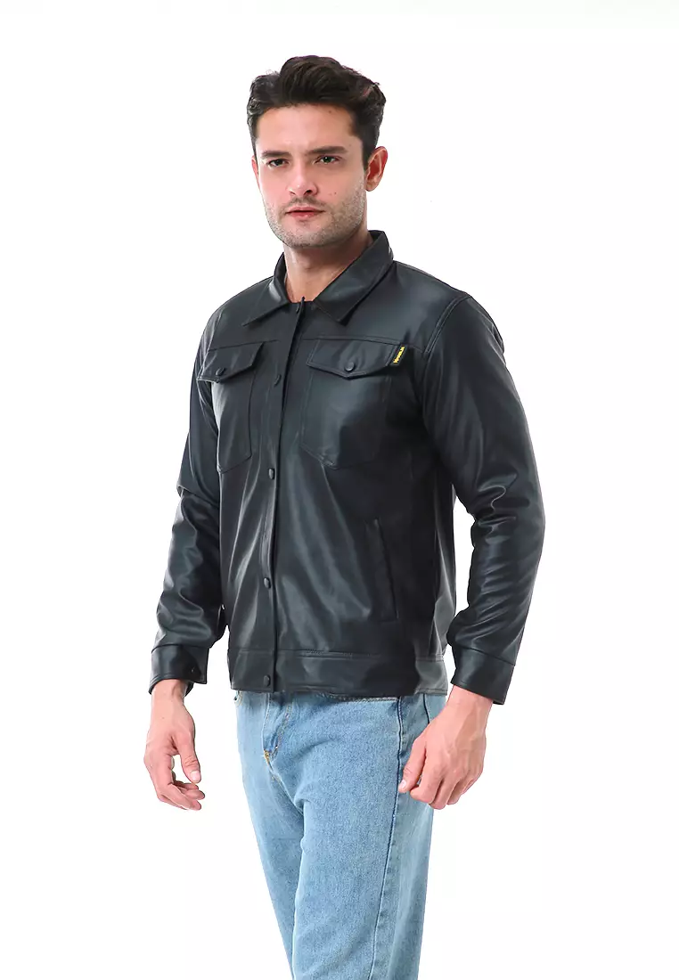 Danny Outerwear Pria Big Pocket Casual Jacket Lengan Panjang Material Leather ORIGINAL - Black