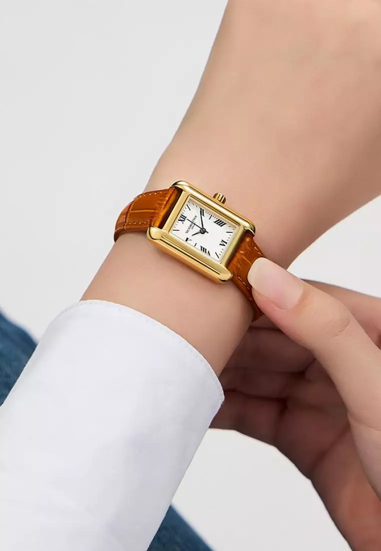 Retro 女士金色长方形手表22*29mm 簡約经典 真皮表帶 黑色指針 生活防水-金色 棕色