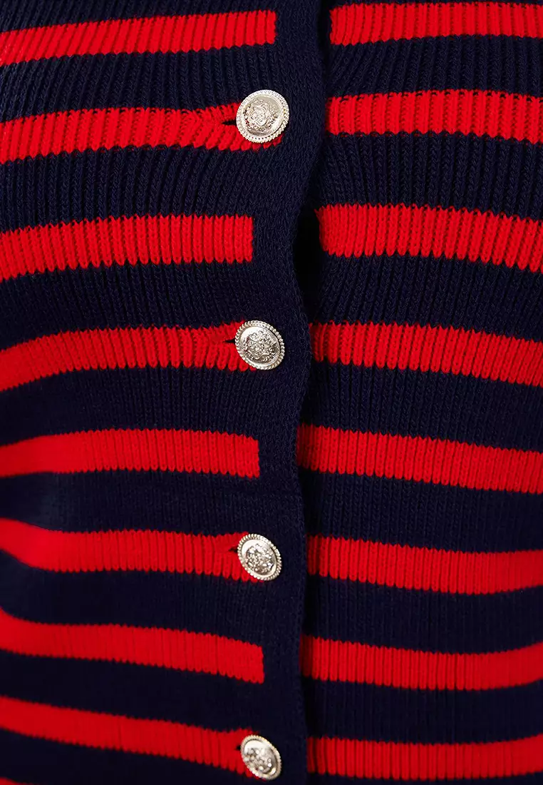 Navy Blue-Red Striped Jacket-Look Knitwear Cardigan Tbbaw24Av00011
