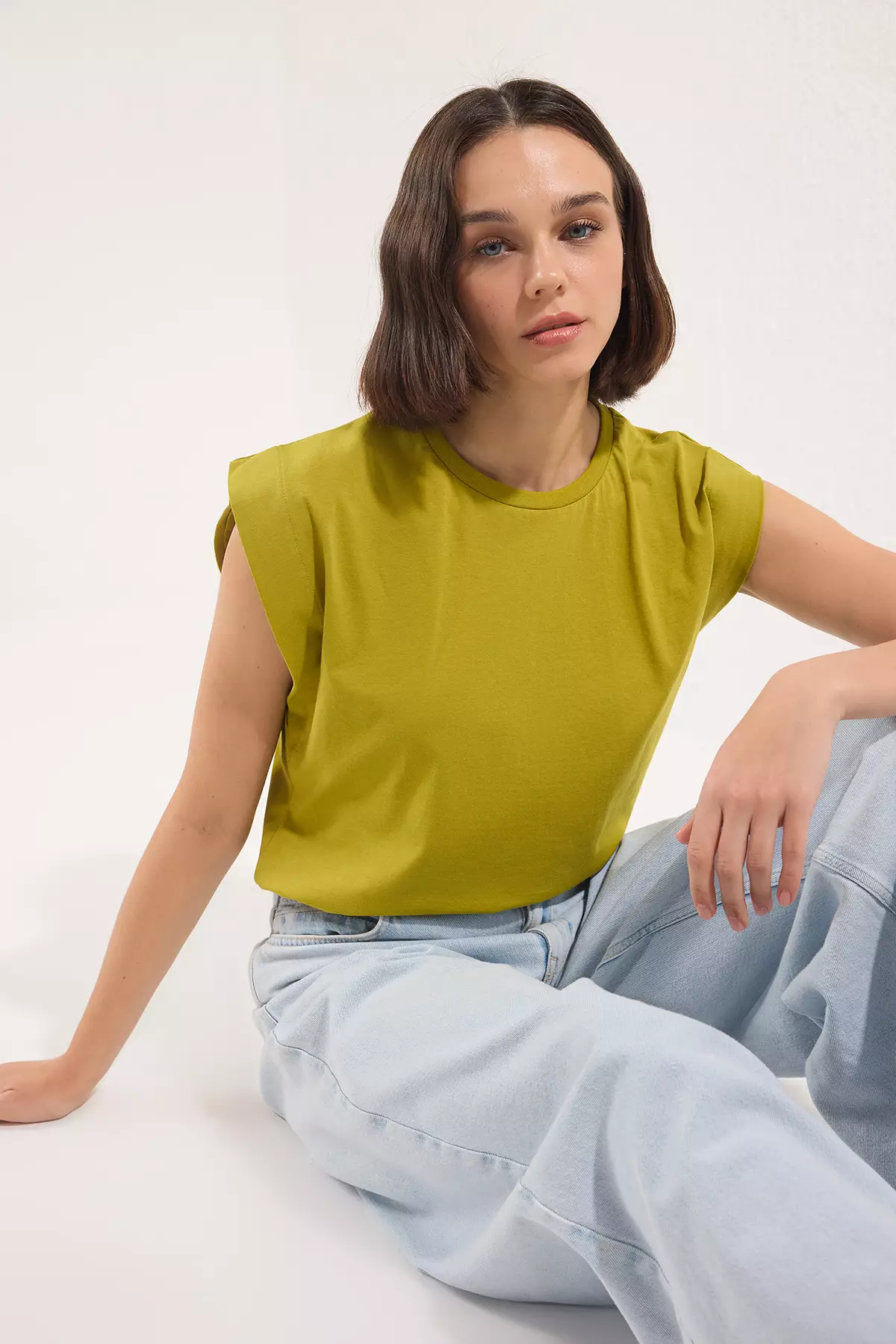 Oil green 100% Cotton Wadding Look Basic Crew Neck Knitted T-Shirt TWOSS20TS0021