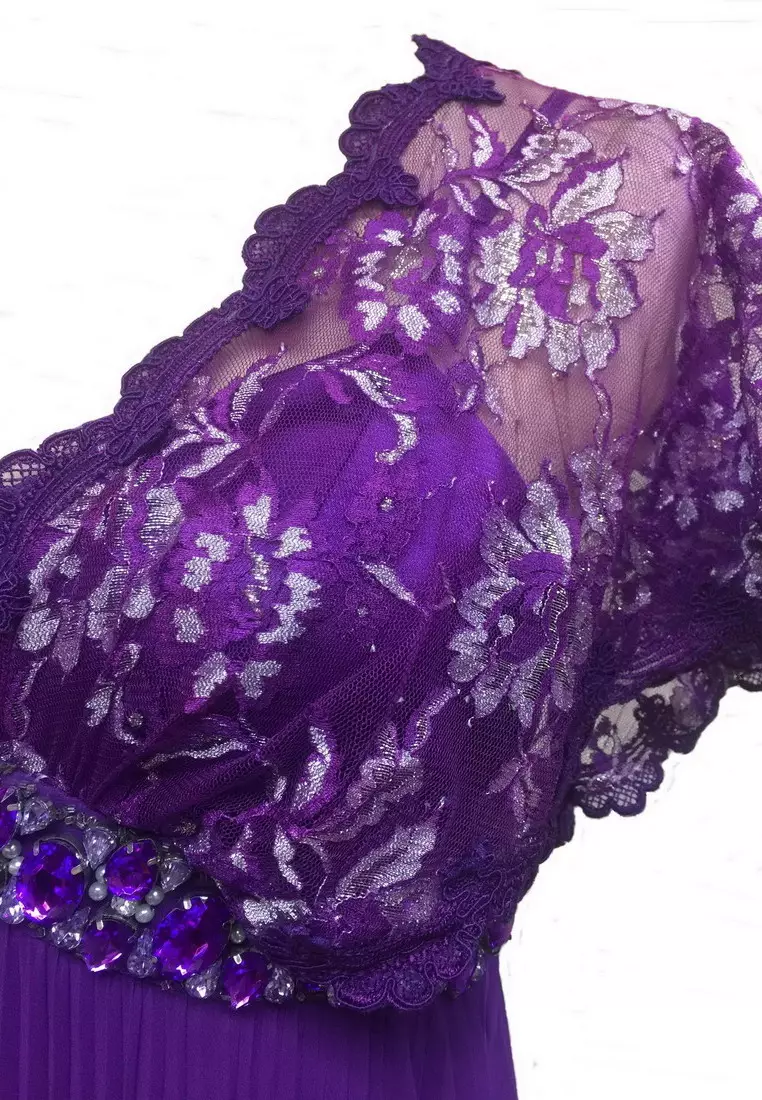 優雅蕾絲釘珠雪紡短袖晚禮服