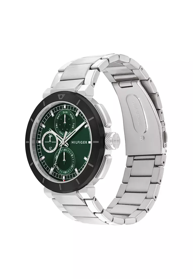 Men's Stainless Steel Bracelet and Green Dial Quartz Multifunction Watch - TH1792117