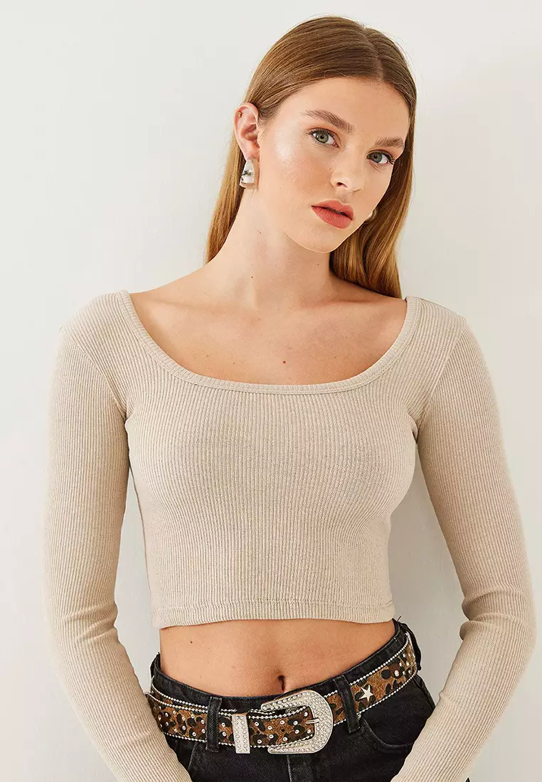 Women's Square Neck Long Sleeve Basic Crop Blouse 2405 60351046